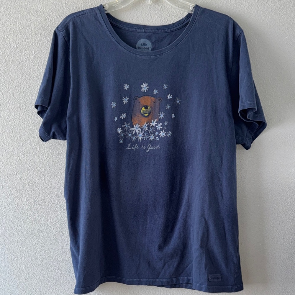 Life Is Good Navy T-Shirt with Bear and Floral Design-SZ XXL